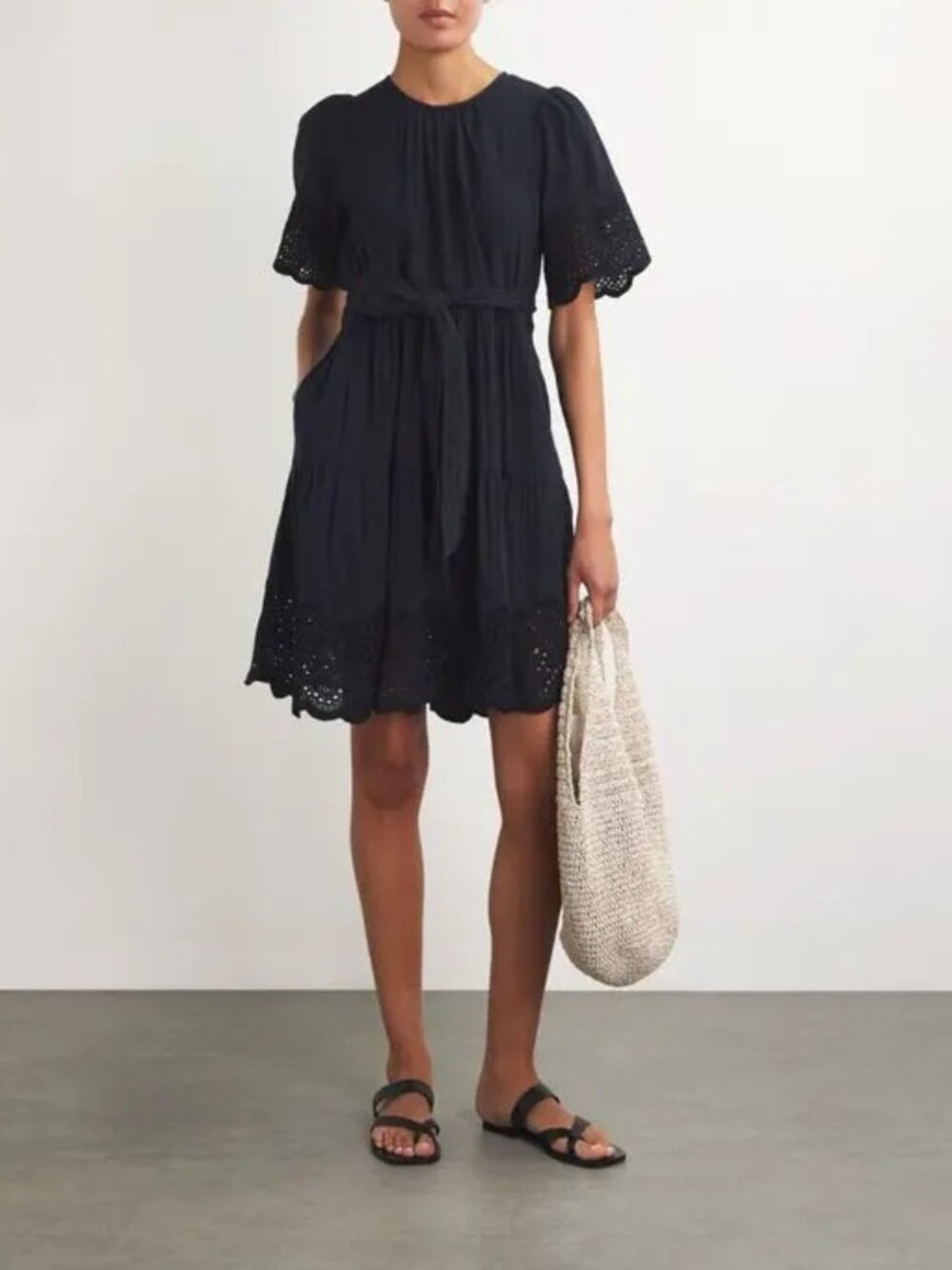 ME+EM Cotton Broderie Short Swing Dress Size US 4 Navy Belted Eyelet Cottagecore
